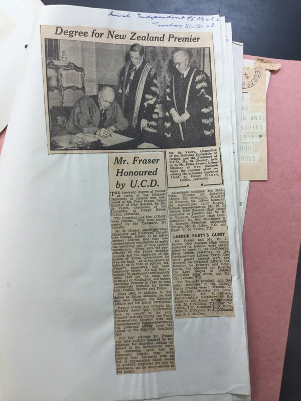 A newspaper cutting showing Peter Fraser receiving his Hon Doctorate in Laws from Eamon de Valera, Chancellor of the National University of Ireland in Dublin – December 1948  